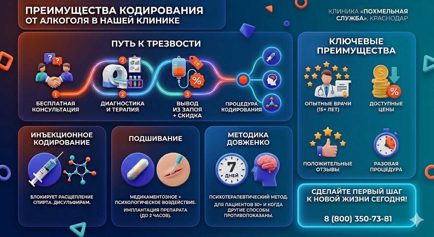 Инфографика о методах кодирования от алкоголя в Камбарке: инъекции, подшивание, метод Довженко. Преимущества клиники и этапы лечения.