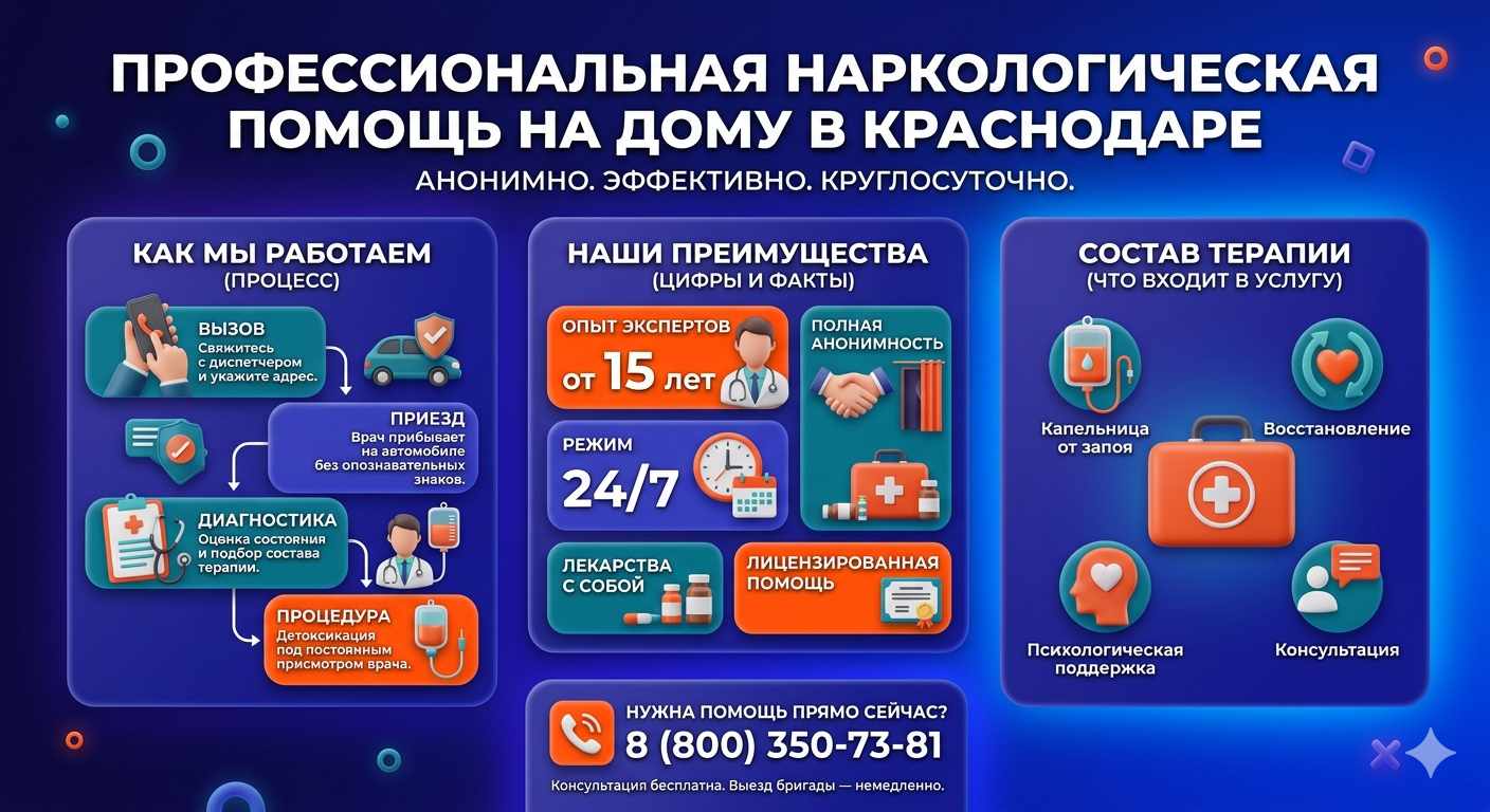 Инфографика о принципах лечения алкоголизма на дому в Камбарке: этапы вызова нарколога, преимущества анонимной детоксикации и состав медицинской помощи.